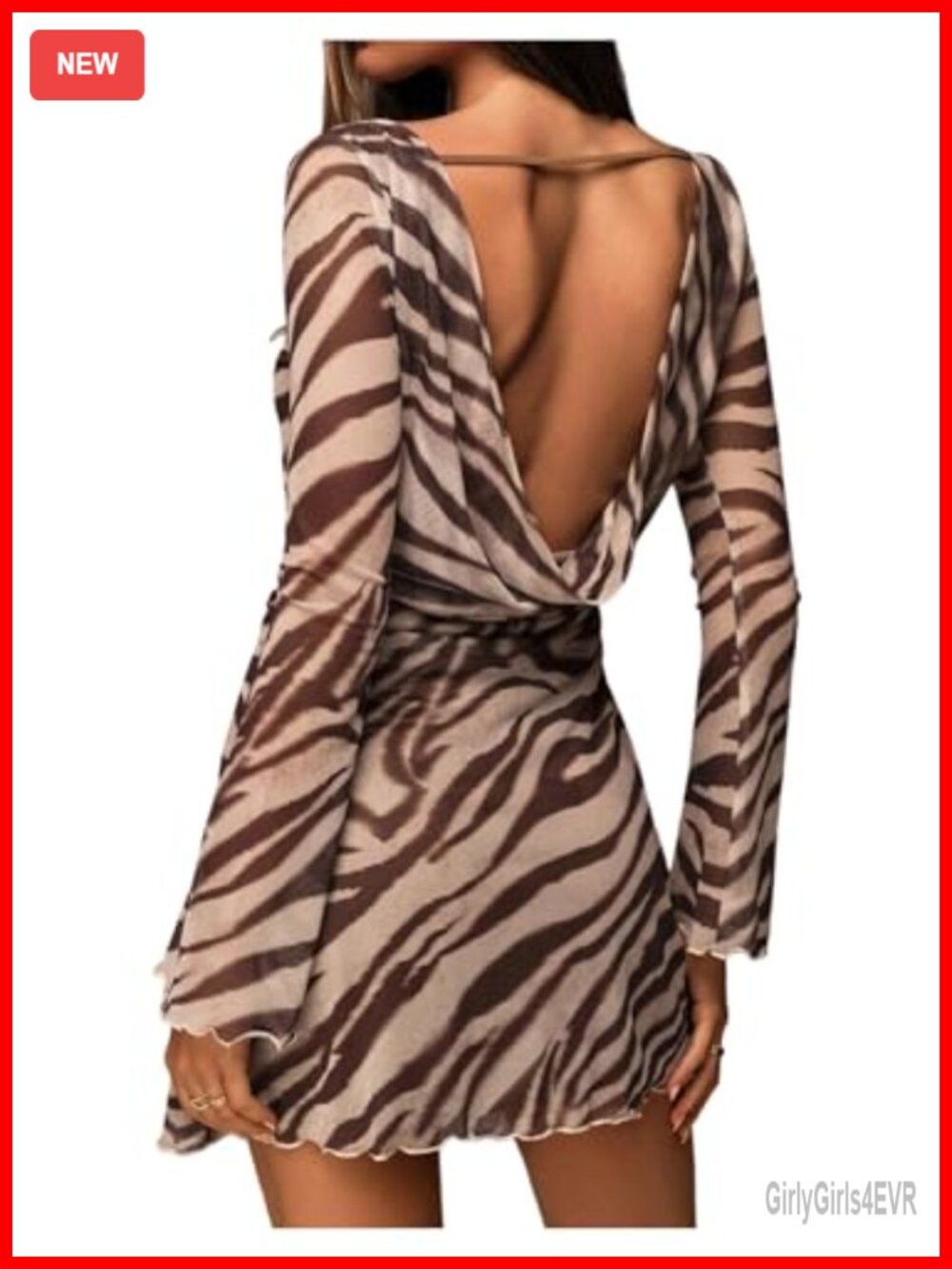 Women's Animal Print Backless Mini Dress Long Flare Sleeve Party